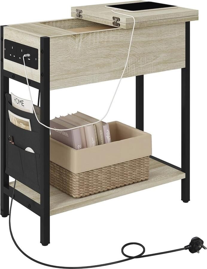 Bijzettafel met Oplaadfunctie en Opbergruimte Multifunctionele Nachtkastje met USB-aansluiting en Inklapbaar Tafelblad