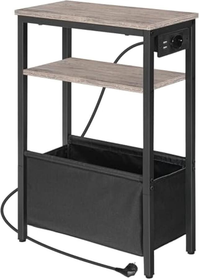 Bijzettafel met oplaadstation Nachtkastje met opbergruimte Salontafel met stopcontact en USB-poorten voor kleine ruimtes Slaapkamer Woonkamer Verweerd grijs en zwart EBG 125 CBZ 01