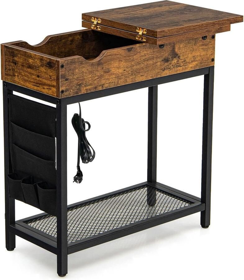 Bijzettafel met oplaadstation nachtkastje van hout salontafel met USB-poorten opklapbare tafel inclusief stoffen tas bijzettafel met 3 niveaus slank metalen frame vintage