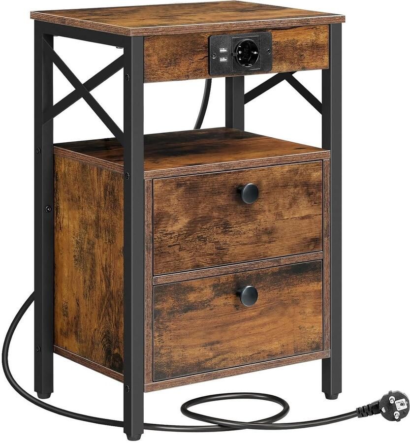 Bijzettafel met Oplaadstation Retro Industrieel Design 1 stuk Bruin Zwart 15 x 11 x 23 6 inch