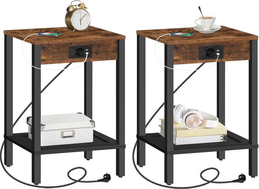 Bijzettafel met rotan en laadstation – 2 USB-poorten en stopcontact – Nachtkastje voor slaapkamer en woonkamer – Vintage bruin zwart