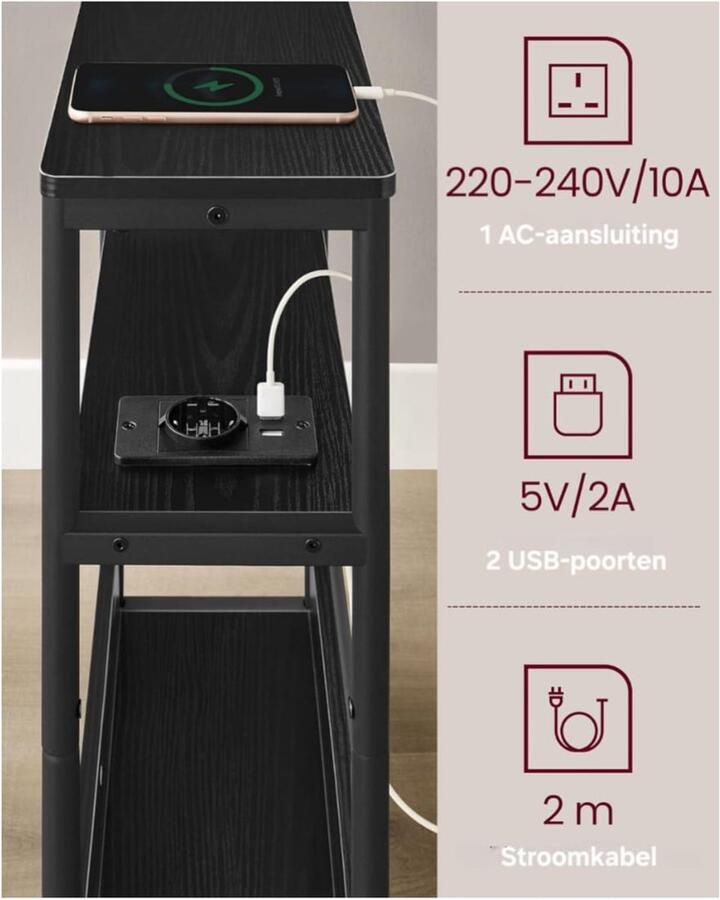 YOLO SHOP -bijzettafel-met stekkerdoos-nachtkastje op 3 niveaus- bijzettafeltje-woonkamer-slaapkamer