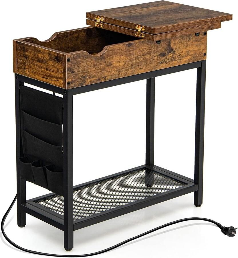 Bijzettafel met USB & stopcontacten nachtkastje met klapplaat smalle tafel met opbergvak en zijvak van stof salontafel voor woonkamer en slaapkamer vintage bruin