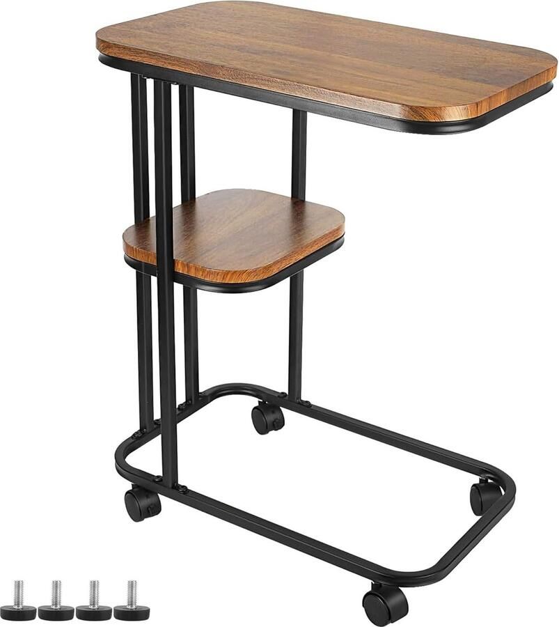 Bijzettafel met wieltjes bijzettafel C-vorm bijzettafel bank hebben metalen frame koffietafel sofa-tafel industrieel design houten bijzettafels klein voor woonkamer slaapkamer walnoot