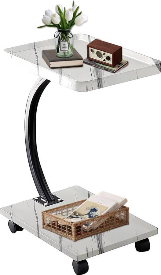 Bijzettafel met wieltjes bijzettafel C-vorm kleine bijzettafel houten woonkamertafel koffietafel voor bank woonkamer en slaapkamer (wit)