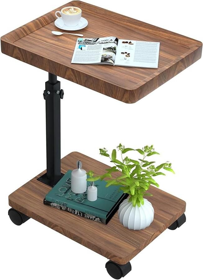 Bijzettafel met wieltjes bijzettafel in hoogte verstelbaar (45-80 cm) houten bijzettafel C-vorm 360 graden roterende notenhouten afwerking kleine salontafel voor woonkamer bank (walnoot)