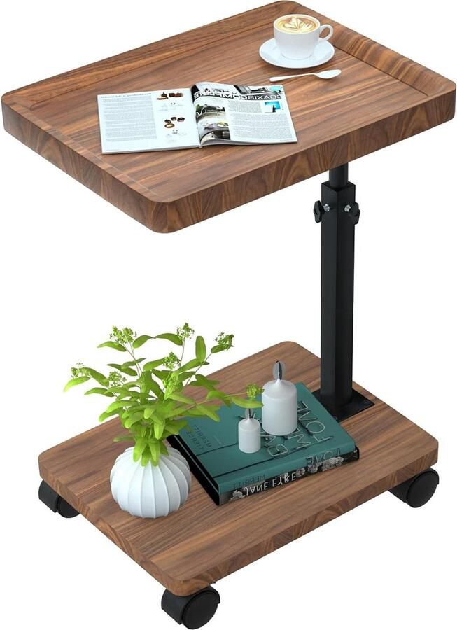 Bijzettafel met wieltjes hoogte verstelbaar 1 stuk walnoot houten