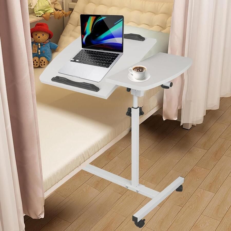 Bijzettafel met wieltjes in hoogte verstelbaar bedtafel voor verzorging laptoptafel C-vorm afmetingen tafelblad 40 x 60 cm slaapkamer kantoor