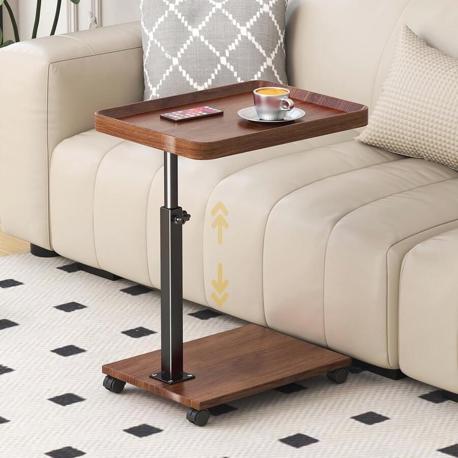 C-vormige Bijzettafel met Wieltjes In Hoogte Verstelbaar en 360° Draaibaar Modern Houten Salontafel voor Bank en Bed Compact en Ruim