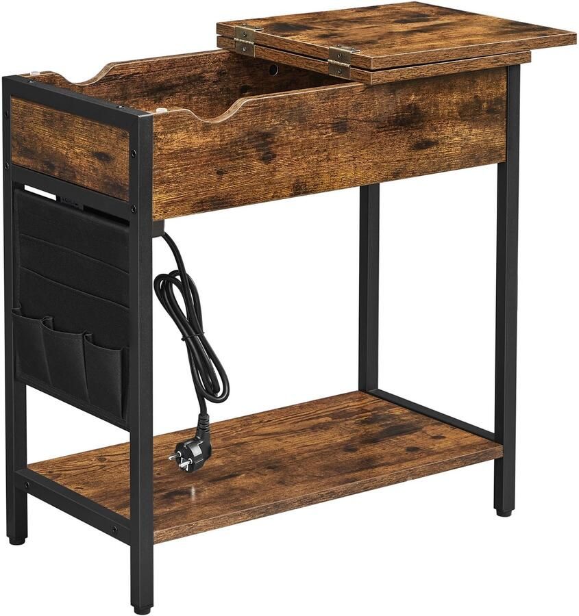 Bijzettafel Multifunctioneel met Oplaadstation en USB poorten Opbergruimte Industrieel Bruin Zwart