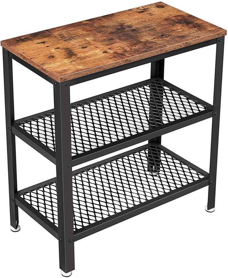 Bijzettafel Nachtkast Opbergkast Salontafel met 2 verstelbare gaasplanken stabiel metalen frame geschikt voor woonkamer en slaapkamer 60x30x60 cm bruin en zwart