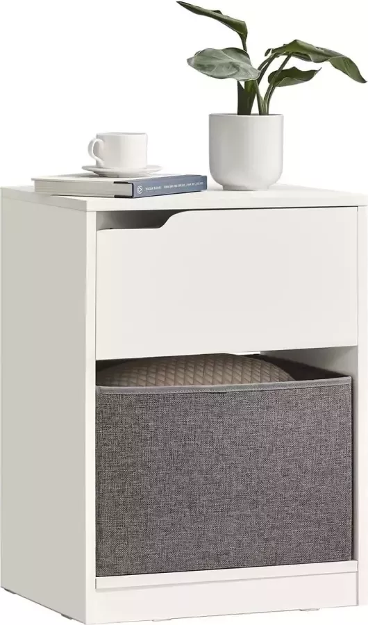 Bijzettafel Nachtkastje Bijzettafel Salontafel met Lade en Mand voor Woonkamer Slaapkamer en Kantoor 45x35x60cm FBT109-W