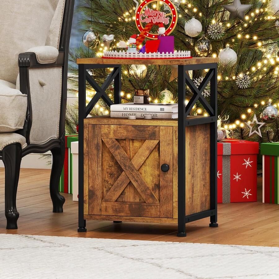 Bijzettafel nachtkastje met kast X-vormige salontafel met laadstation 2 USB-poorten en stopcontacten nachtkastje voor woonkamer slaapkamer metalen frame vintage bruin