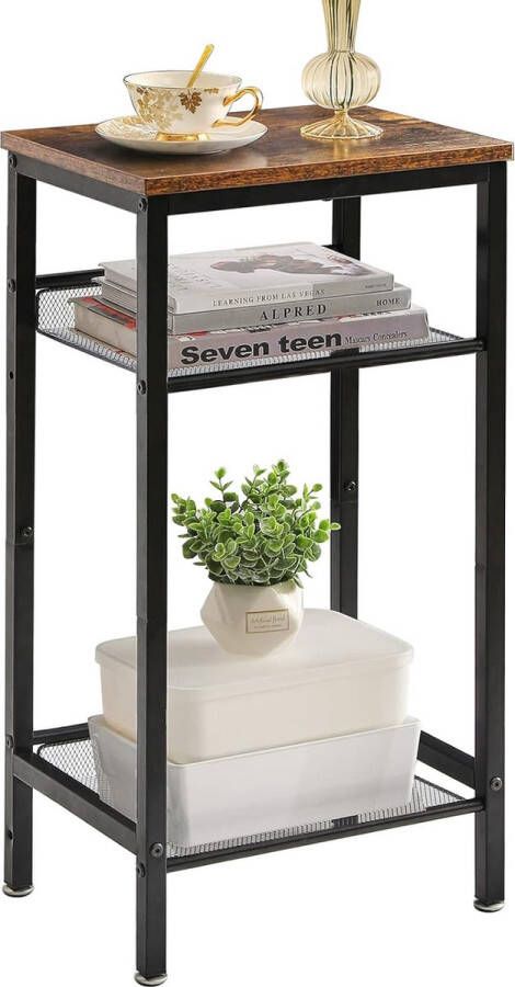 Bijzettafel Nachtkastje met verstelbare planken en voeten Telefoontafel Houten banktafel Metalen frame Industriële stijl Woonkamer Slaapkamer Kantoor Vintage Zwart
