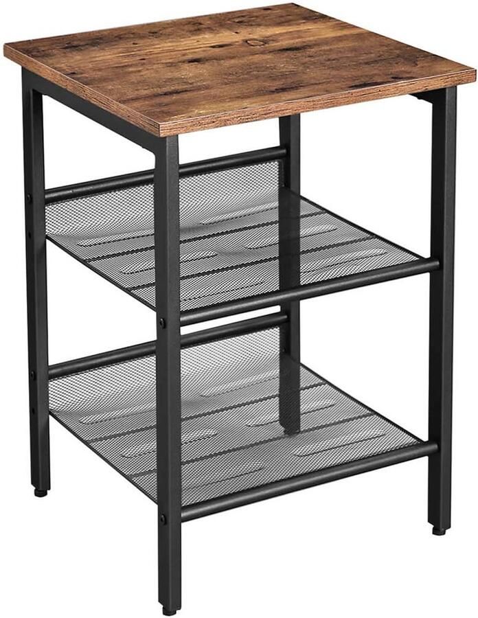 Bijzettafel Nachtkastje Opbergkast Salontafel met 2 verstelbare gaasplanken eenvoudig te monteren geschikt voor woonkamer en slaapkamer stabiel metalen frame 40x40x55 cm bruin en zwart