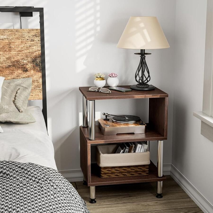 Bijzettafel nachtkastje S-vorm wit Italiaans marmeren laminaat 40 x 30 x 54 cm aparte grote opbergruimte Salontafel Koffietafel Woonkamertafel Sofa Tafel Houten Tafel (Walnoot)