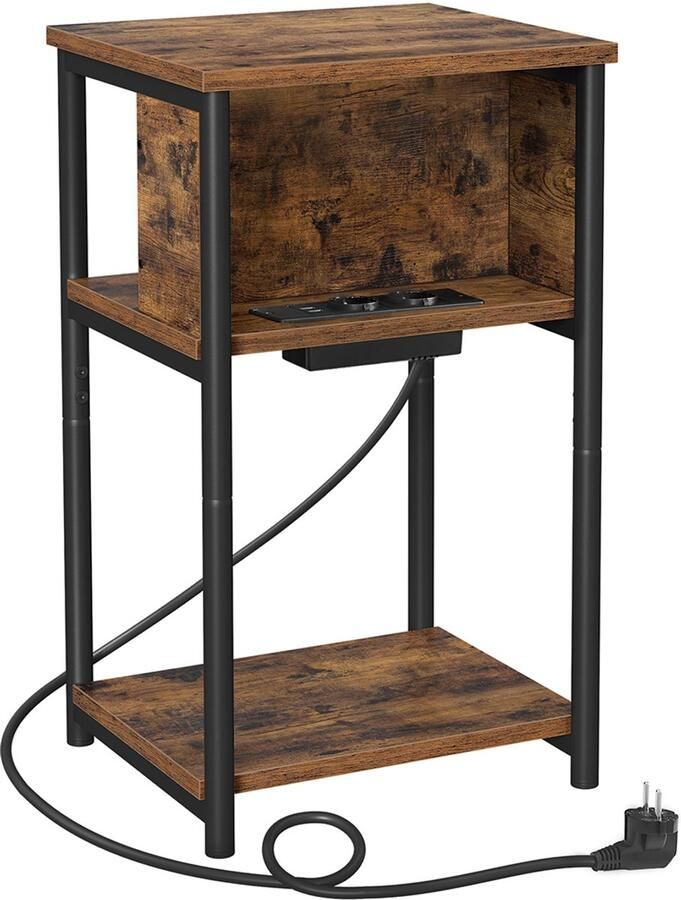 Bijzettafel Nachtkastje Salontafel met stopcontact en 2 open opbergniveaus stevig en duurzaam metalen frame stijlvol retro minimalistisch design geschikt voor woonkamer keuken en slaapkamer 30 x 34 x 58 cm bruin + zwart