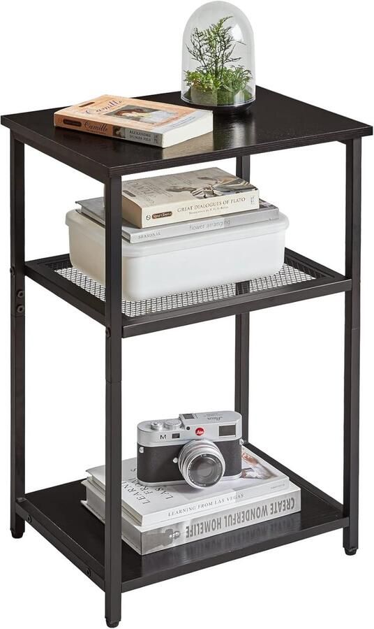 Retadou Bijzettafel nachtkastjes met roosterplanken kleine salontafel metalen frame industrieel design voor woonkamer slaapkamer zwart