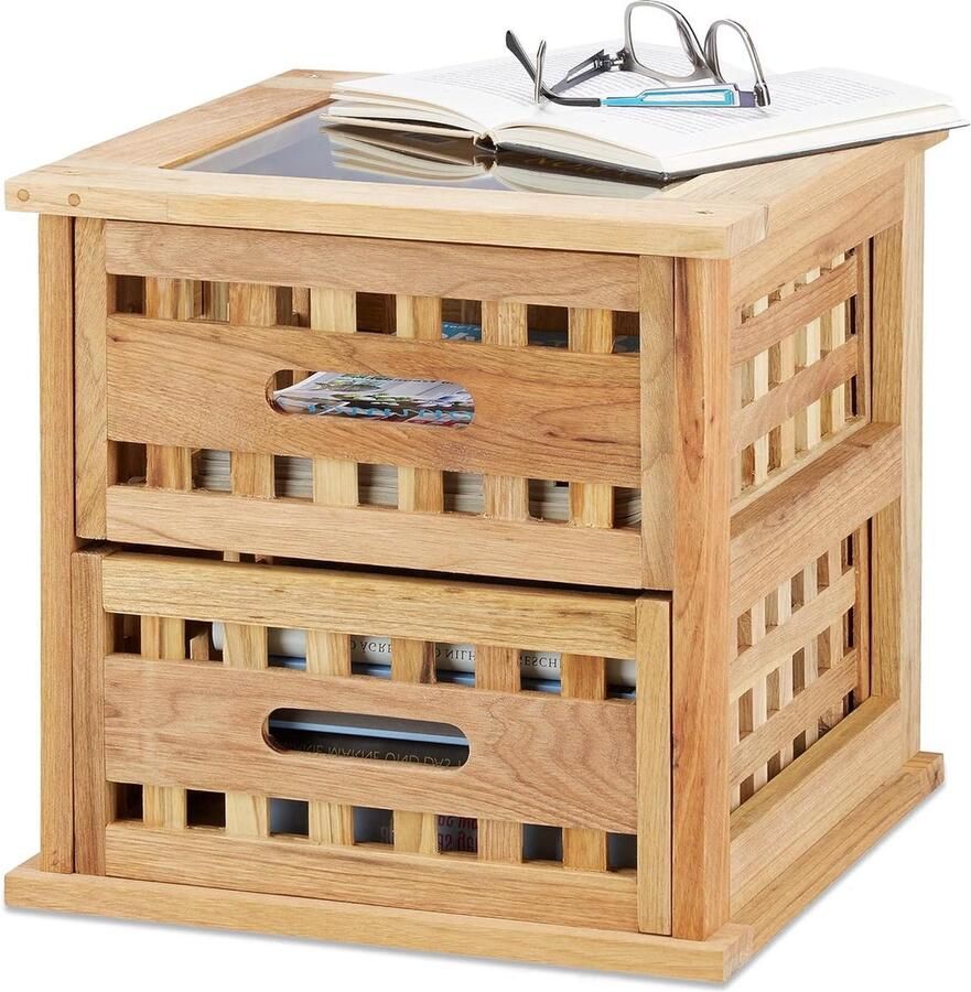 Bijzettafel Notenhout Vierkant Nachtkastje Natuurlijke Afwerking HBD: 34x34x34 cm