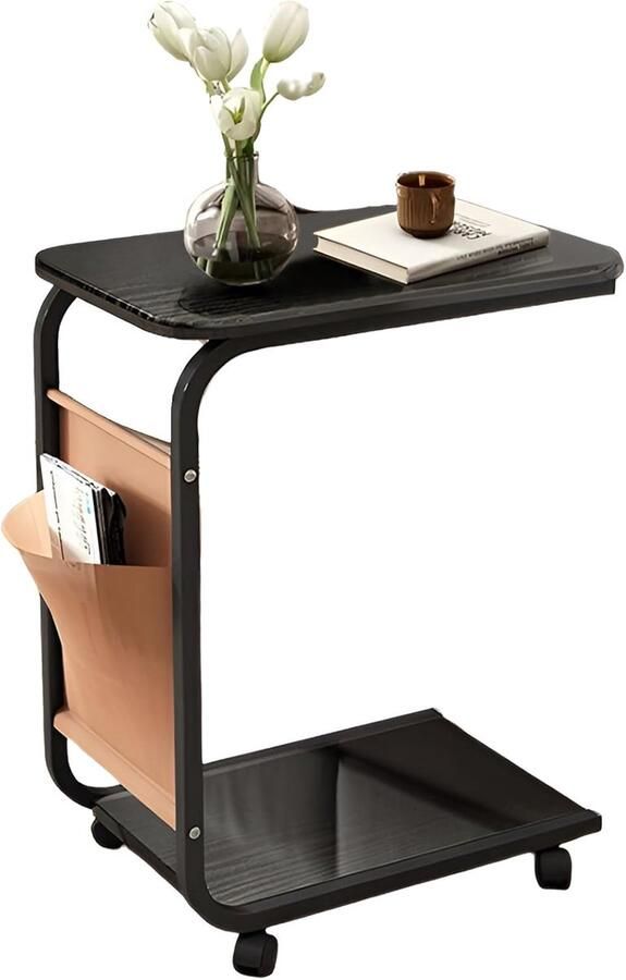 Bijzettafel op Wielen Bijzettafel Salontafel op Wielen bijzettafel op wielen C-Vormige Bijzettafel met Opbergruimte gemaakt van geconstrueerd hout en metaal Bedtafeltje met Wielen Plank Salontafel Nesttafel zwart