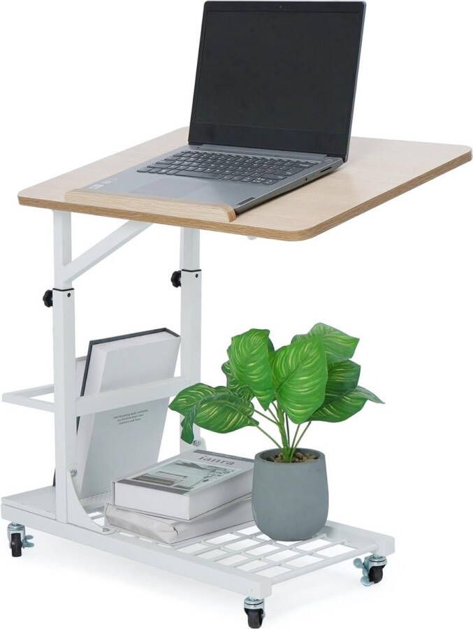 Bijzettafel op wielen C-vorm 64 x 55 x 40 cm in hoogte verstelbare bijzettafels salontafel nachtkastje bedtafel laptoptafel woonkamertafel met metalen frame wit