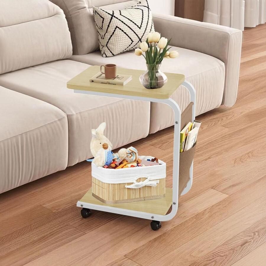 Bijzettafel op wielen C-vorm laptoptafel met wieltjes Eenvoudig te monteren Stabiele salontafel voor in de woonkamer Houtkleur