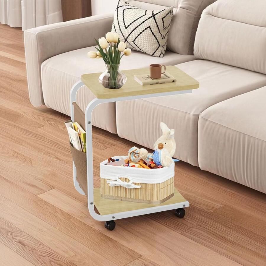 Bijzettafel op wielen houtkleur C-vorm laptoptafel woonkamer met wieltjes eenvoudig te monteren Bijzettafel