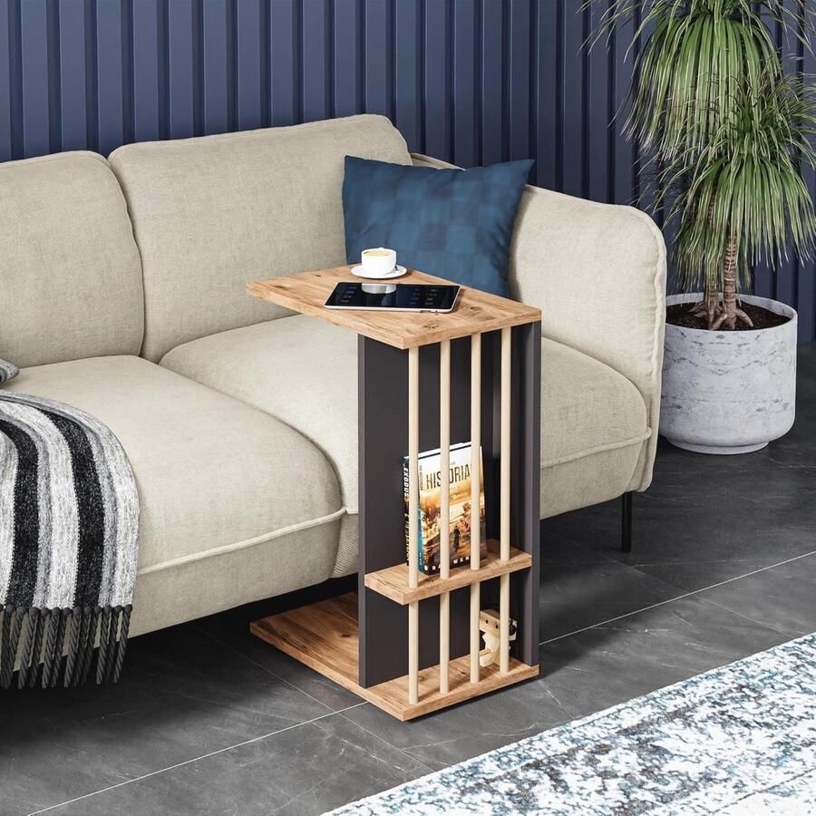 Bijzettafel op wielen Rechthoekige laptoptafel met opbergfunctie Houtkleurig en zwart