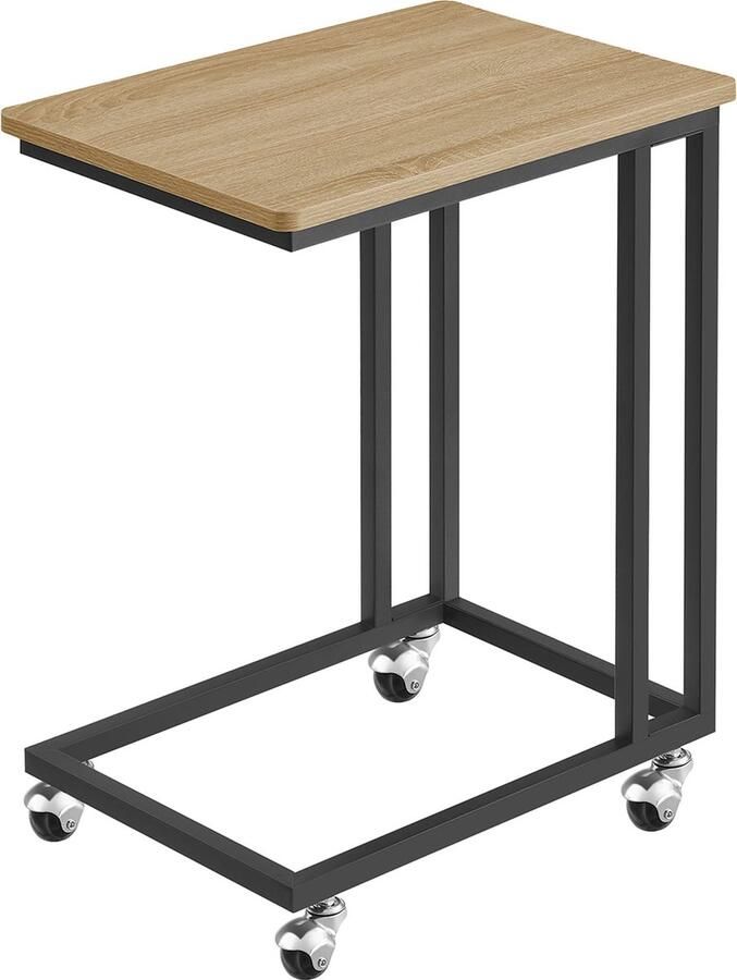 Bijzettafel op Wielen SONOMA Industriële Stijl Stalen Frame Eiken Sonoma en Zwart Voor Woonkamer of Slaapkamer 60 x 50 x 35 cm
