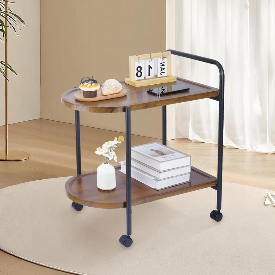 Bijzettafel op wieltjes Houten koffietafel Mobiele salontafel Kleine serveerwagen Rolwagen Walnoothoutlook Stijlvolle salontafel Tafel voor bank en bank