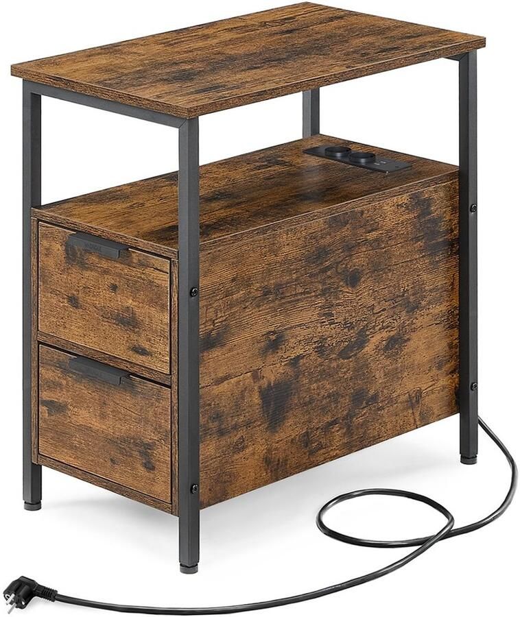 Bijzettafel Opbergkast Nachtkastje met stopcontact en 2 lades stevig en duurzaam metalen frame multifunctioneel en veelzijdig geschikt voor woonkamer en slaapkamer 60 x 35 x 61 cm bruin + zwart