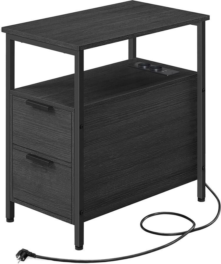 Bijzettafel Opbergkast Nachtkastje met stopcontact en 2 lades stevig en duurzaam metalen frame multifunctioneel en veelzijdig geschikt voor woonkamer en slaapkamer 60 x 35 x 61 cm zwart