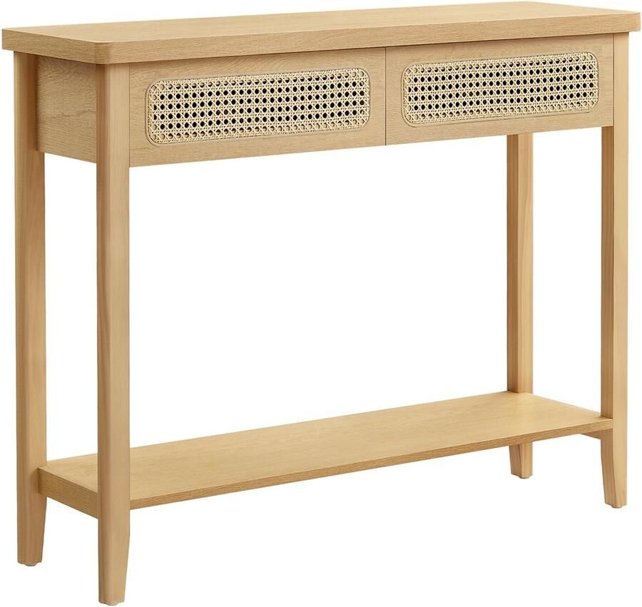 Bijzettafel opbergtafel haltafel kaptafel met 2 lades met nepbriet-designdeuren en 1 open plank afgeronde hoeken ter vermindering van stootgevaar geschikt voor gang woonkamer en slaapkamer 30 x 100 x 80 cm beige