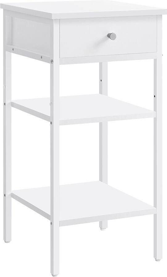 Bijzettafel Opbergtafel Nachtkastje met 1 lade en 2 opbergrekken stevig en duurzaam metalen frame stijlvol modern en eenvoudig design geschikt voor woonkamer eetkamer en slaapkamer 35 x 35 x 70 cm wit