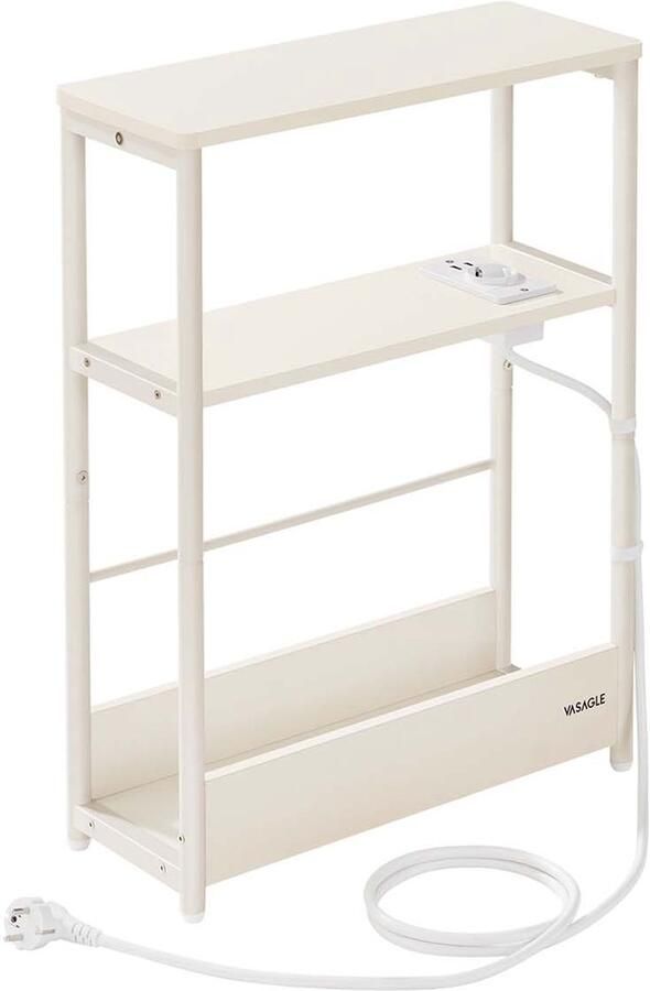Bijzettafel opbergtafel smalle tafel multifunctionele tafel met stopcontact en 3 opbergplanken stevig en duurzaam metalen frame geschikt voor kleine ruimtes woonkamer en slaapkamer 18 x 45 x 58 cm Wit