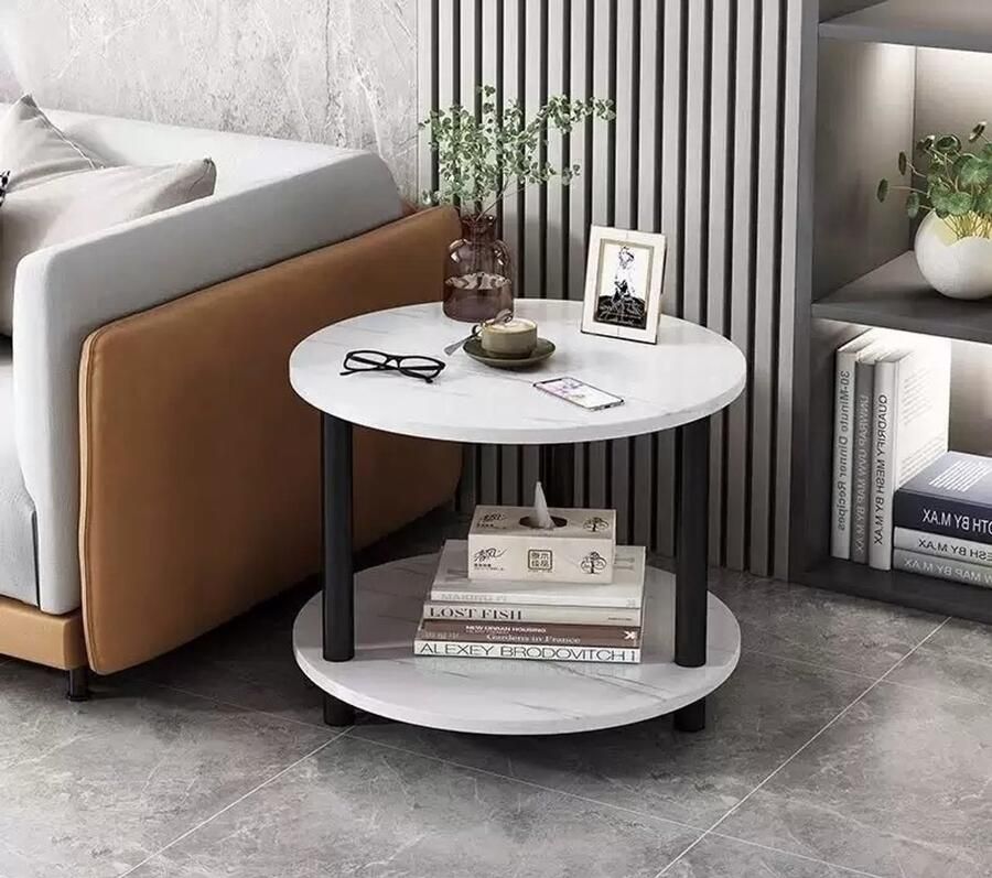 Bijzettafel rond 40x40x55 cm 2 lagen Tafeltje Banktafel Bedtafel Koffietafel Wit marmer kleur