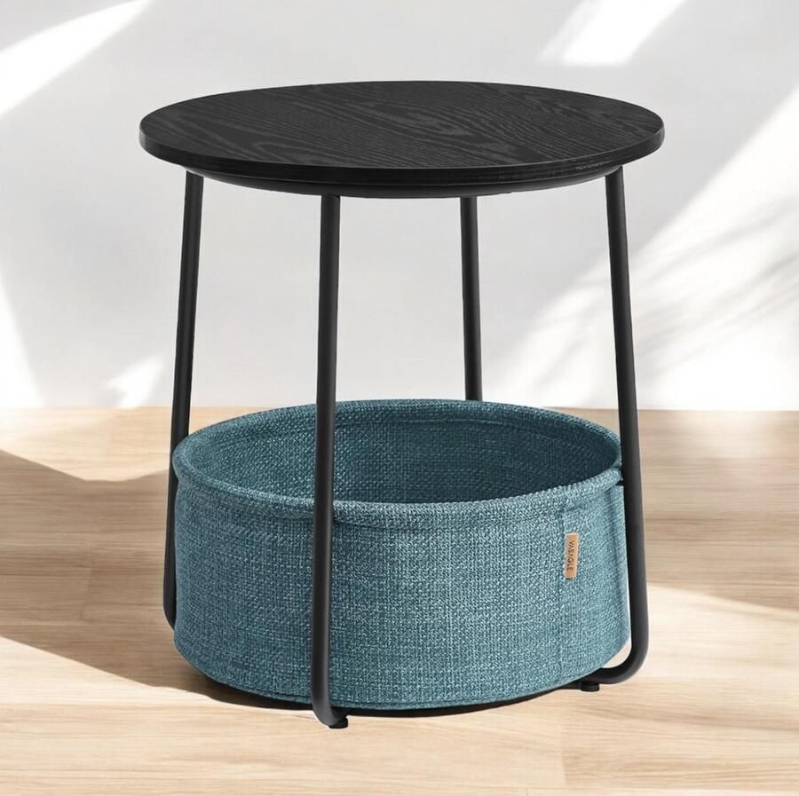 Bijzettafel rond kleine tafel salontafel klein woonkamertafel met stoffen mand opbergruimte voor woonkamer slaapkamer nachtkastje modern zwart hout look-donker turquoise - Foto 2