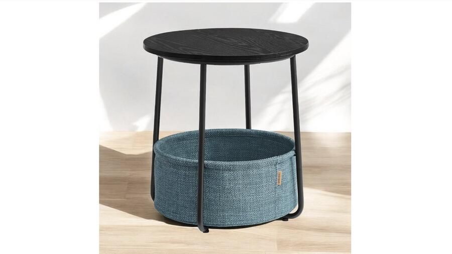 Bijzettafel rond kleine tafel salontafel klein woonkamertafel met stoffen mand opbergruimte voor woonkamer slaapkamer nachtkastje modern zwart hout look-donker turquoise