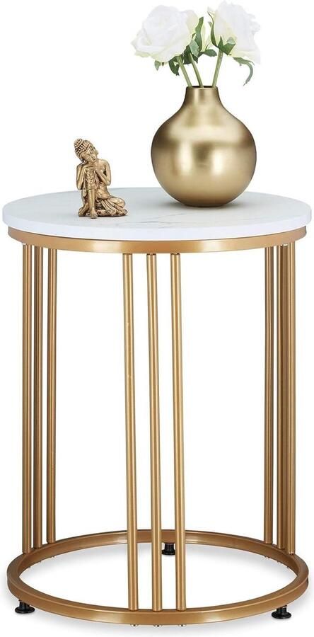 Bijzettafel rond metaal & MDF marmerlook HxD 51x41 wit goud Moderne salontafel