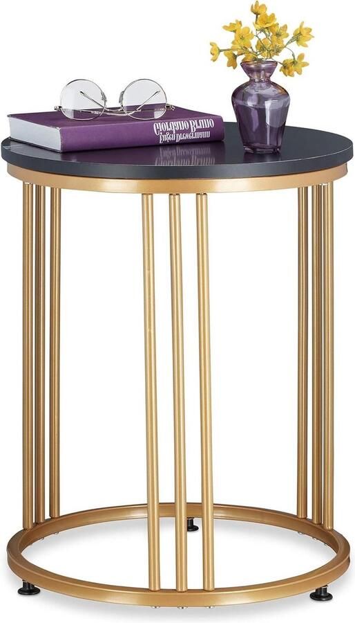 Bijzettafel marmerlook zwart-goud rond metaal MDF HxD 51x41 salontafel