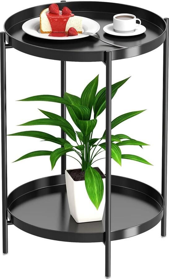 Bijzettafel rond salontafel 2 niveaus kleine bijzettafel metalen dienblad snacktafel theetafel nachtkastje banktafel voor woonkamer slaapkamer balkon terras zwart