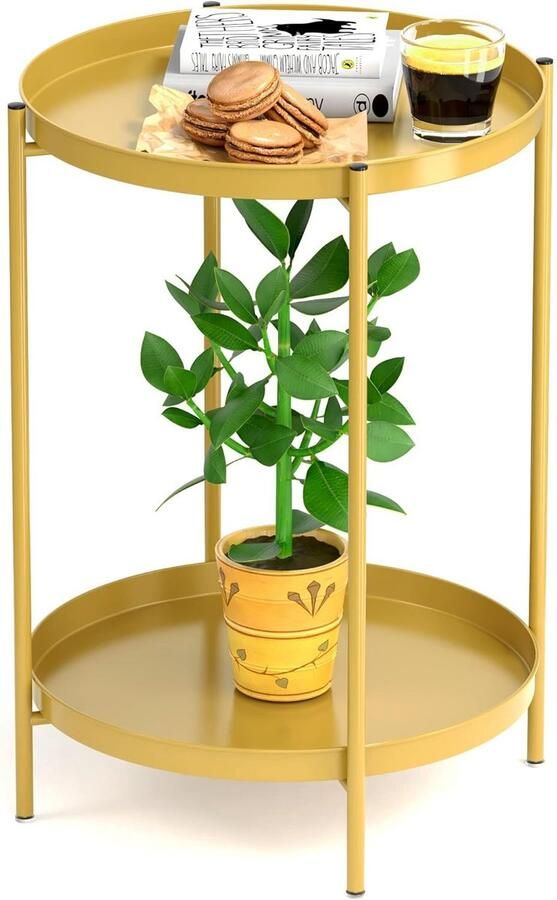 Bijzettafel rond salontafel 2 niveaus kleine bijzettafel metalen dienblad snacktafel theetafel nachtkastje banktafel voor woonkamer slaapkamer balkon terras goud