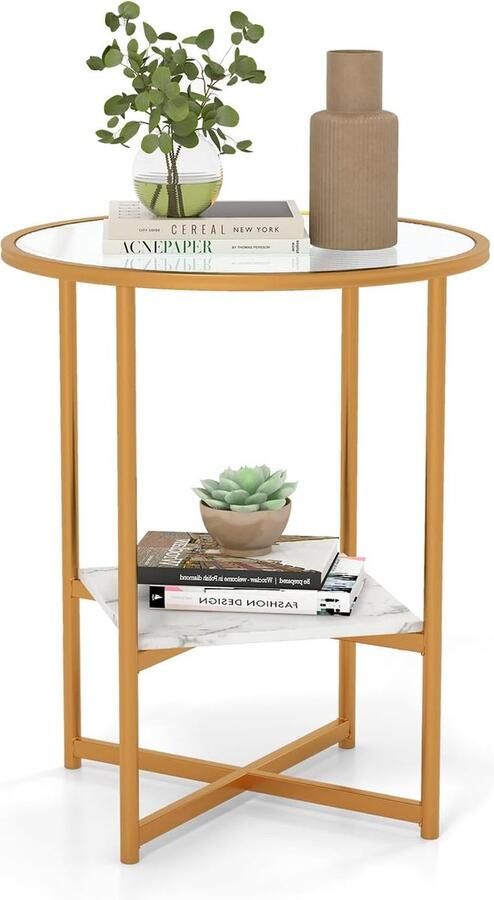 Bijzettafel rond salontafel met gehard glas en plank van kunstmarmer nachtkastje met goudkleurig metalen frame kleine banktafel 50 x 50 x 60 cm voor woonkamer slaapkamer kantoor