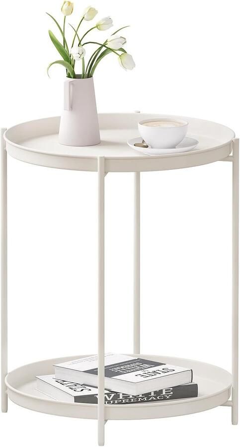 Bijzettafel rond salontafel met opbergruimte 2 afneembare tablets woonkamertafel nachtkastje sofatafel kleine tafel voor woonkamer slaapkamer van metaal crème BTS17 cm