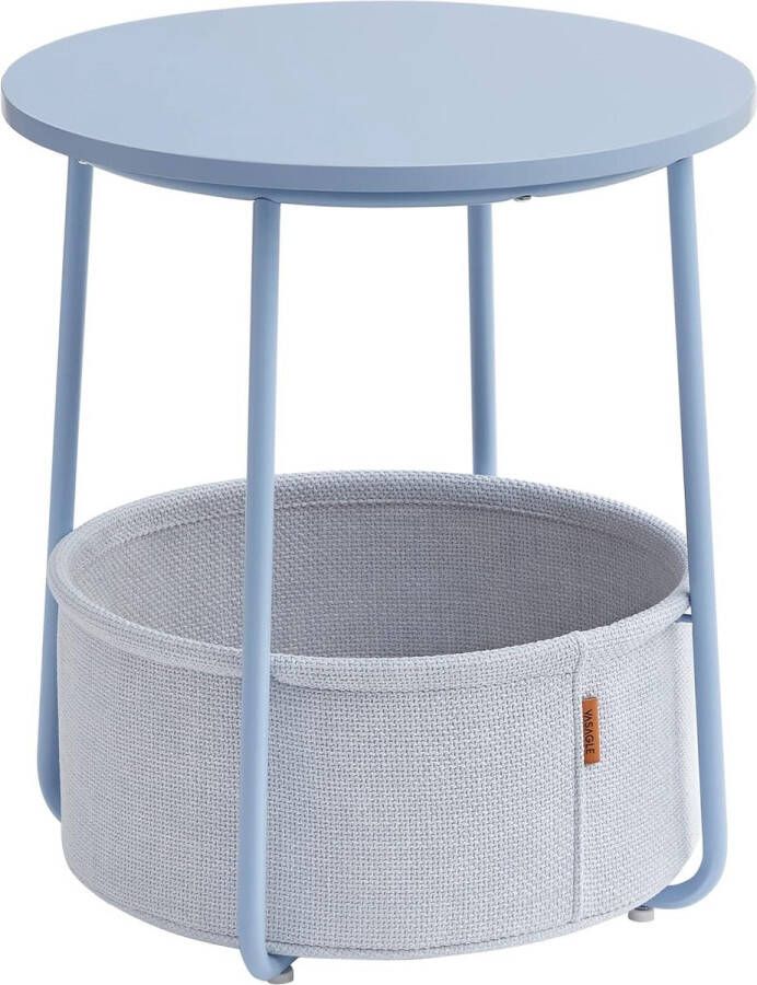 Ronde Bijzettafel met Stoffen Mand – 45x50 cm – Poederblauw Pastelblauw – Kleine Salontafel met Opbergruimte – Nachtkastje voor Woonkamer of Slaapkamer