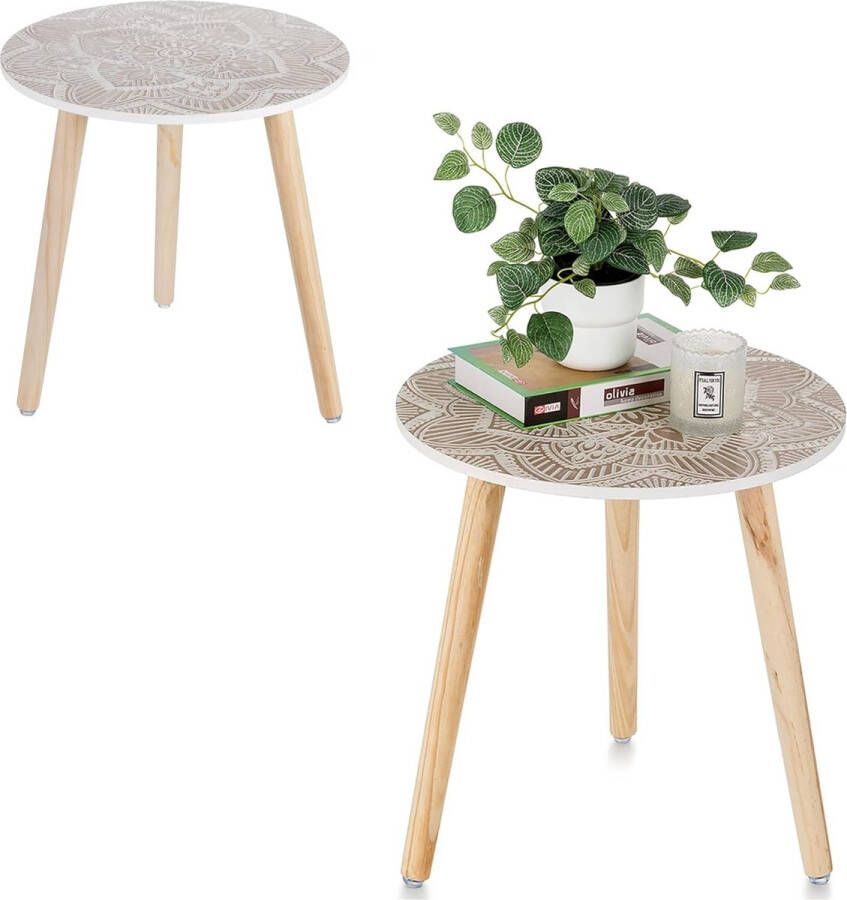 Bijzettafel ronde tafel hout: witte kleine balkonbijzettafels voor de woonkamer met 3 houten poten witte kleine boho buitenbanktafels voor in de tuin 2 stuks 45 x 45cm