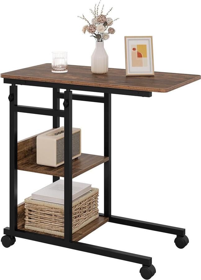 Bijzettafel salontafel banktafel woonkamertafel laptoptafel bedtafel C-vormig in hoogte verstelbaar met wieltjes van metaal houtlook vintage houtlook + zwart BTS08hov