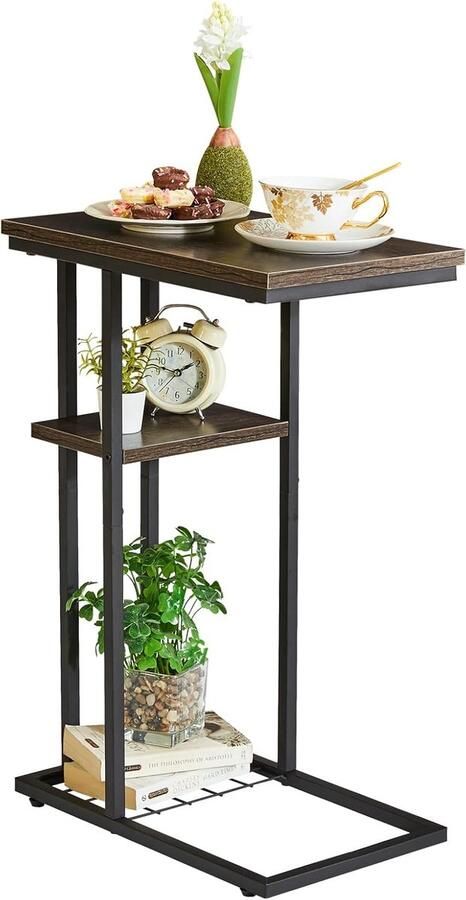 Luvetrex Bijzettafel Salontafel C-vorm Elegante kleine salontafel Industrieel design salontafel 40 x 26 x 61 5 cm Woonkamertafel Slaapkamer Grijs Bruin
