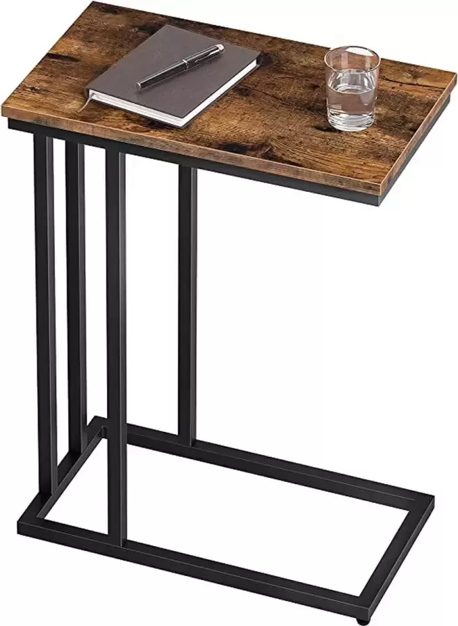 Bijzettafel salontafel kleine koffietafel met verstelbare voeten nachtkastje voor kleine ruimtes industrieel ontwerp woonkamer metalen frame eenvoudig te monteren donkerbruin EBF02SF01