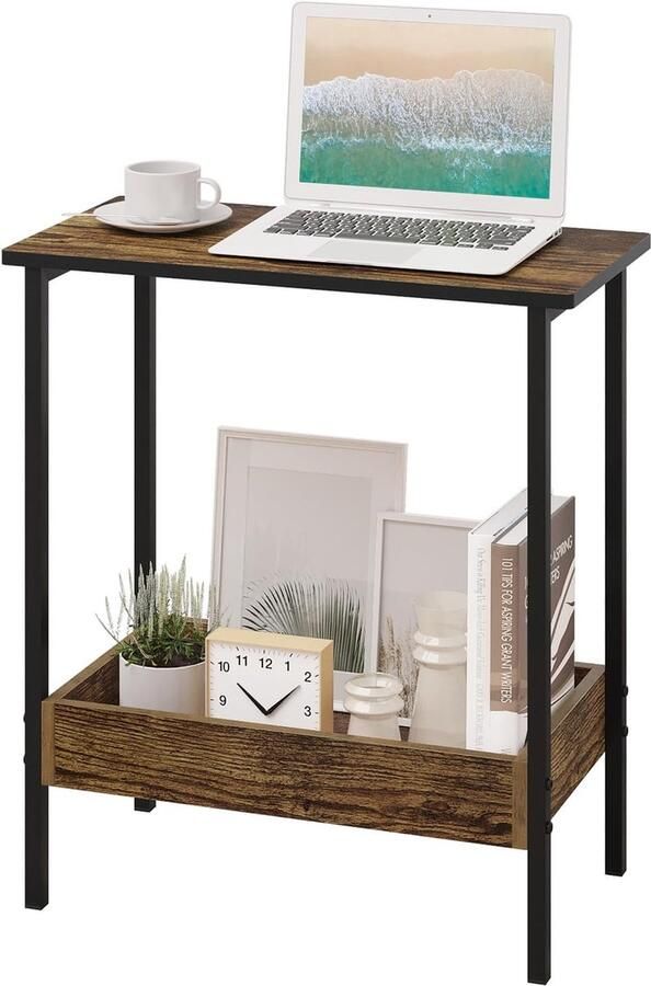 Bijzettafel salontafel met 2 planken consoletafel met opbergruimte in de woonkamer woonkamertafel van metaal houtmateriaal kleine salontafel zwart donker eiken 50 x 55 x 25 cm BTS03hov